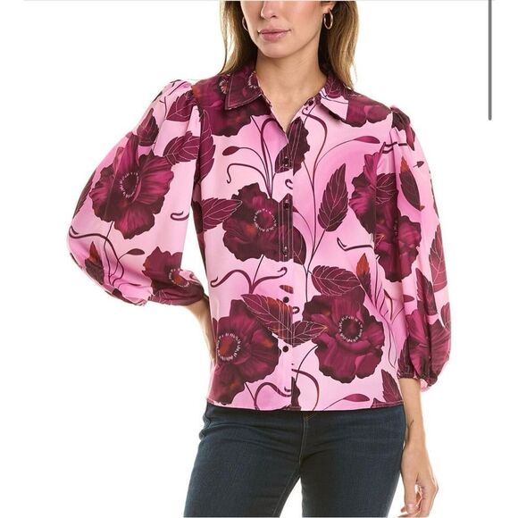 Rachel Roy Rose Print Puff Sleeve Blouse Size Small New - Picture 1 of 6